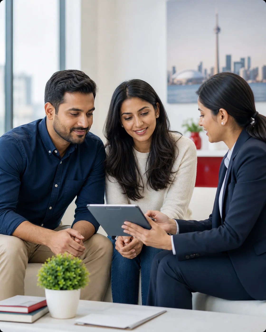 South Asian couple reviewing Canada PR eligibility with an immigration consultant