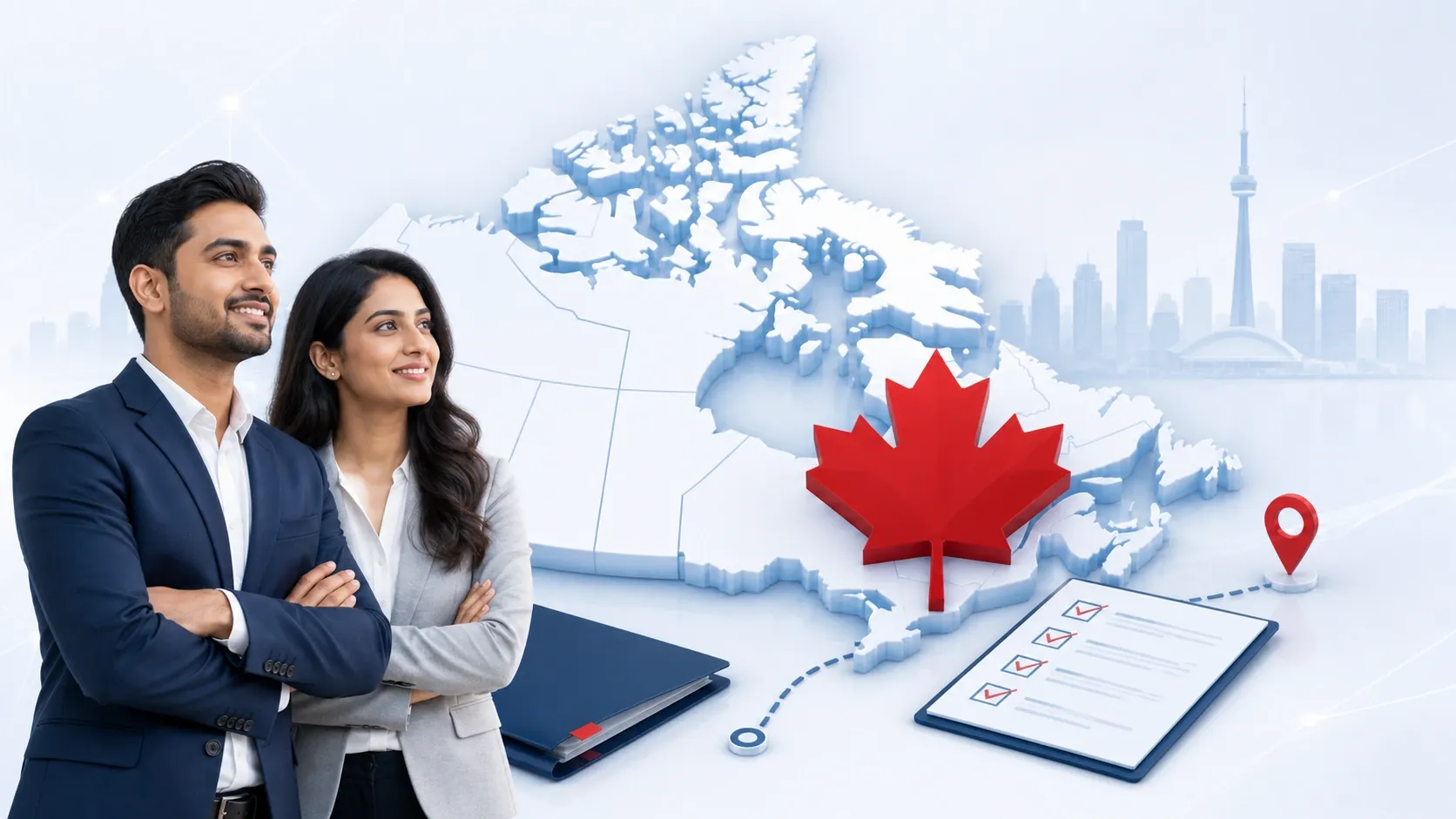 Indian professionals with a Canada map and maple leaf illustrating Canada PR planning